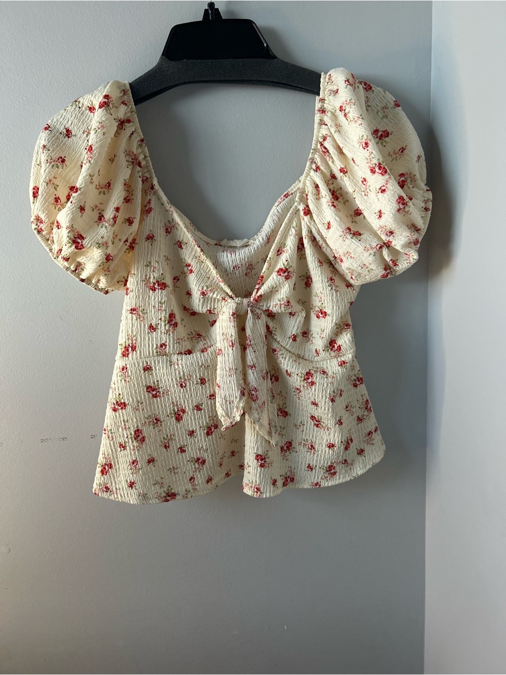 Floral Tie-Front Puff Sleeve Top - Cream with Pink Floral